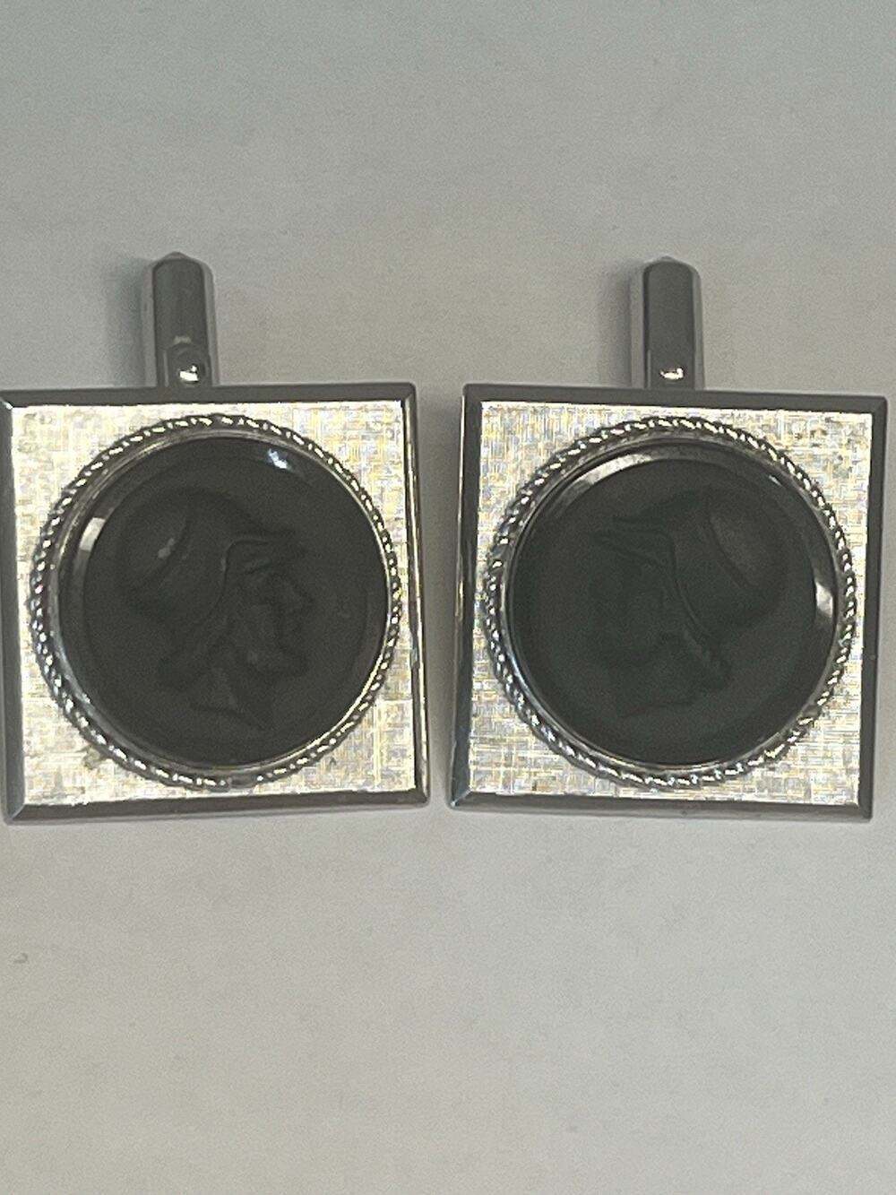 Vintage Sterling Silver Destino Black Roman Soldier Cameo Cufflinks 2.4cm